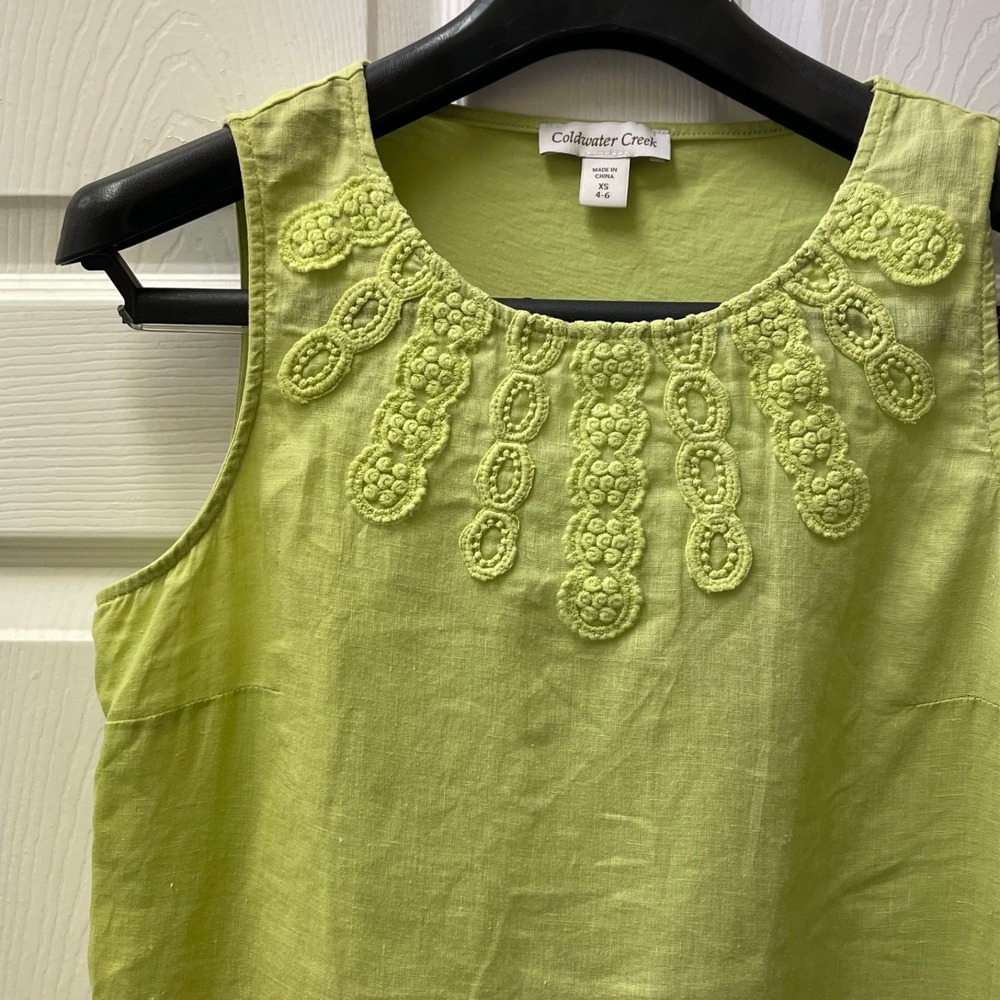 Vintage Coldwater Creek Sz XS Lime Green Crochet Embroidered Trim Linen Tank